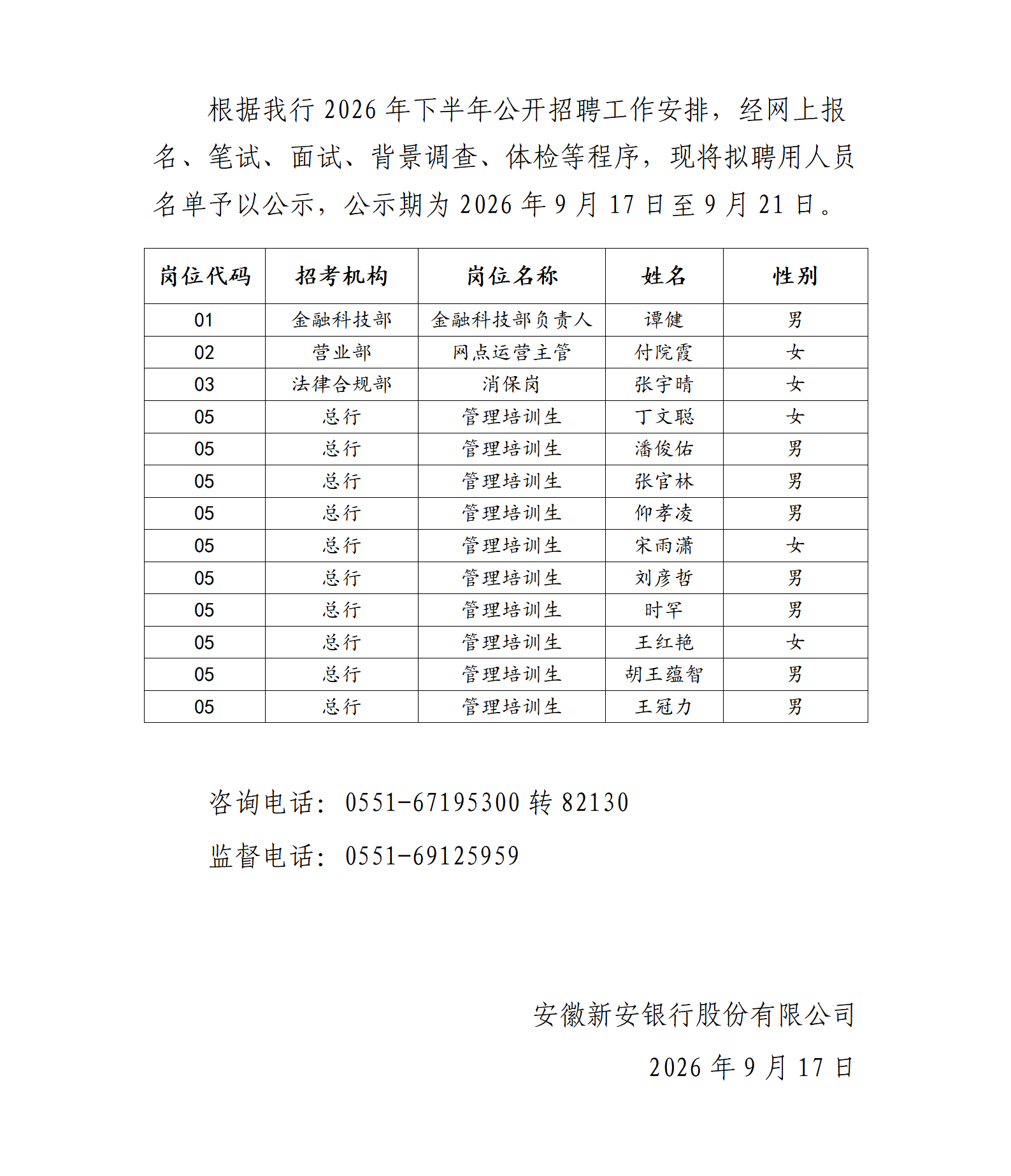 安徽新安银行股份有限公司2026年下半年公开招聘拟录用人员公示